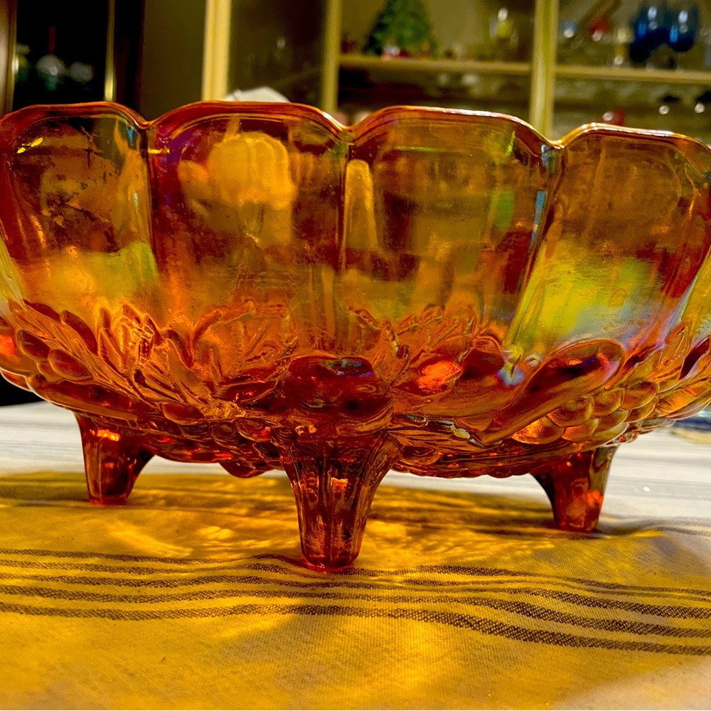 Vintage Oval Footed Fruit Bowl Indiana Glass Amber Carnival Harvest Grape Design